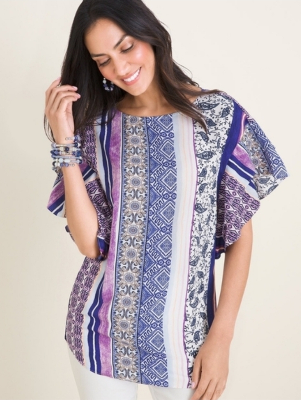 Chico's Mixed Print Flutter Sleeve Top New With Tags - Picture 1 of 9